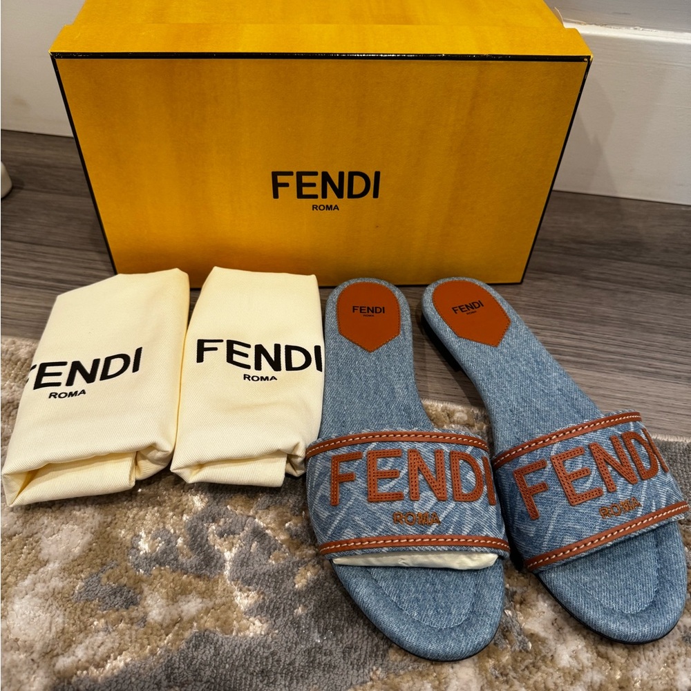 Fendi Blue and Brown Sandals with Logo Strap